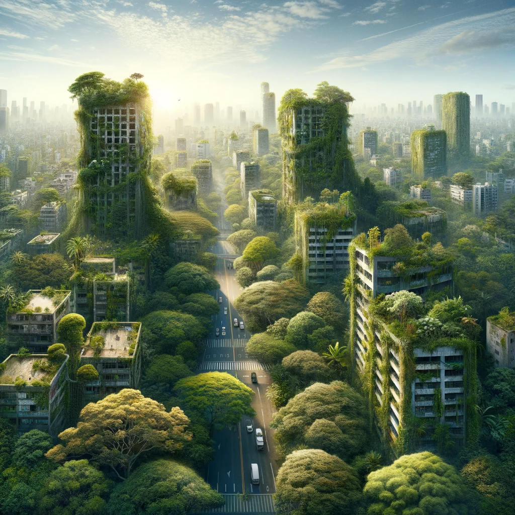 DALL·E 2023-12-24 04.31.29 - 200 days into a world focused only on planting trees_ The urban environment is significantly altered, with dense vegetation covering buildings and str